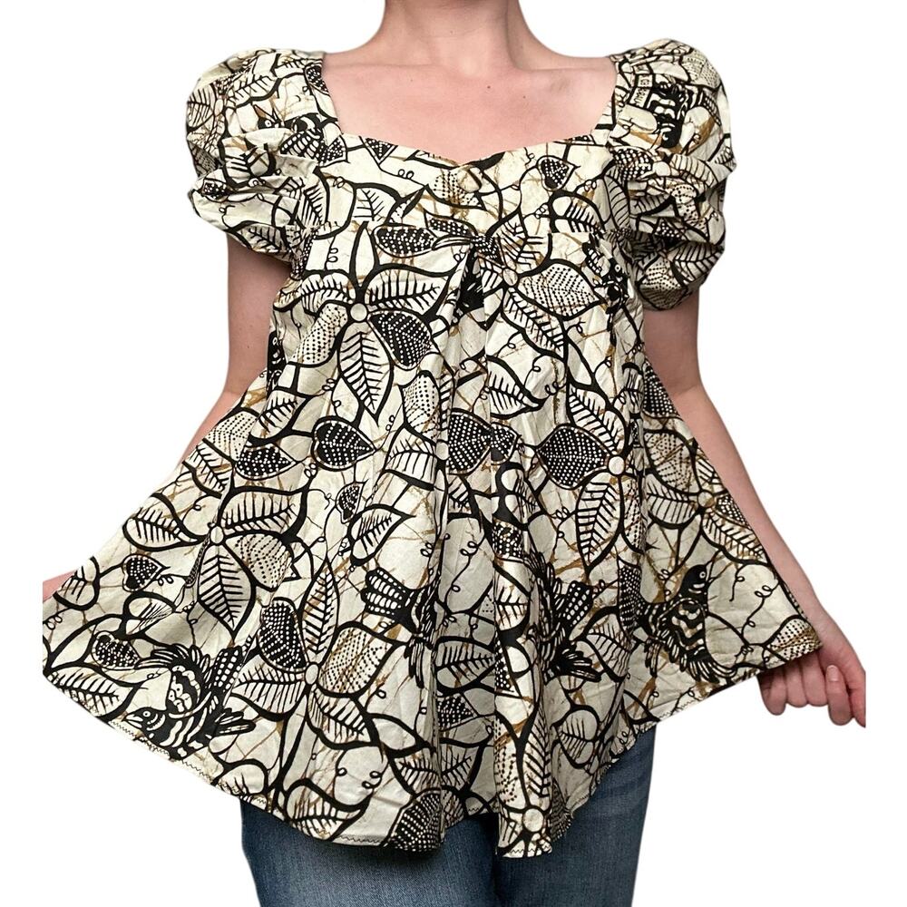 Handmade Puff Sleeve Botantical Print Neutral Babydoll Sqaure Neck / Back Top